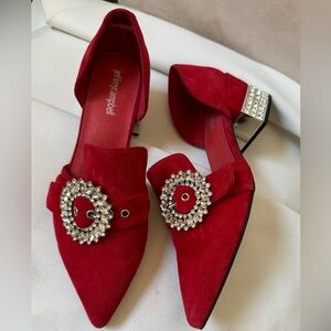 Jeffrey Campbell Red Suede Pointed D'Orsay Heels with Crystal Buckle